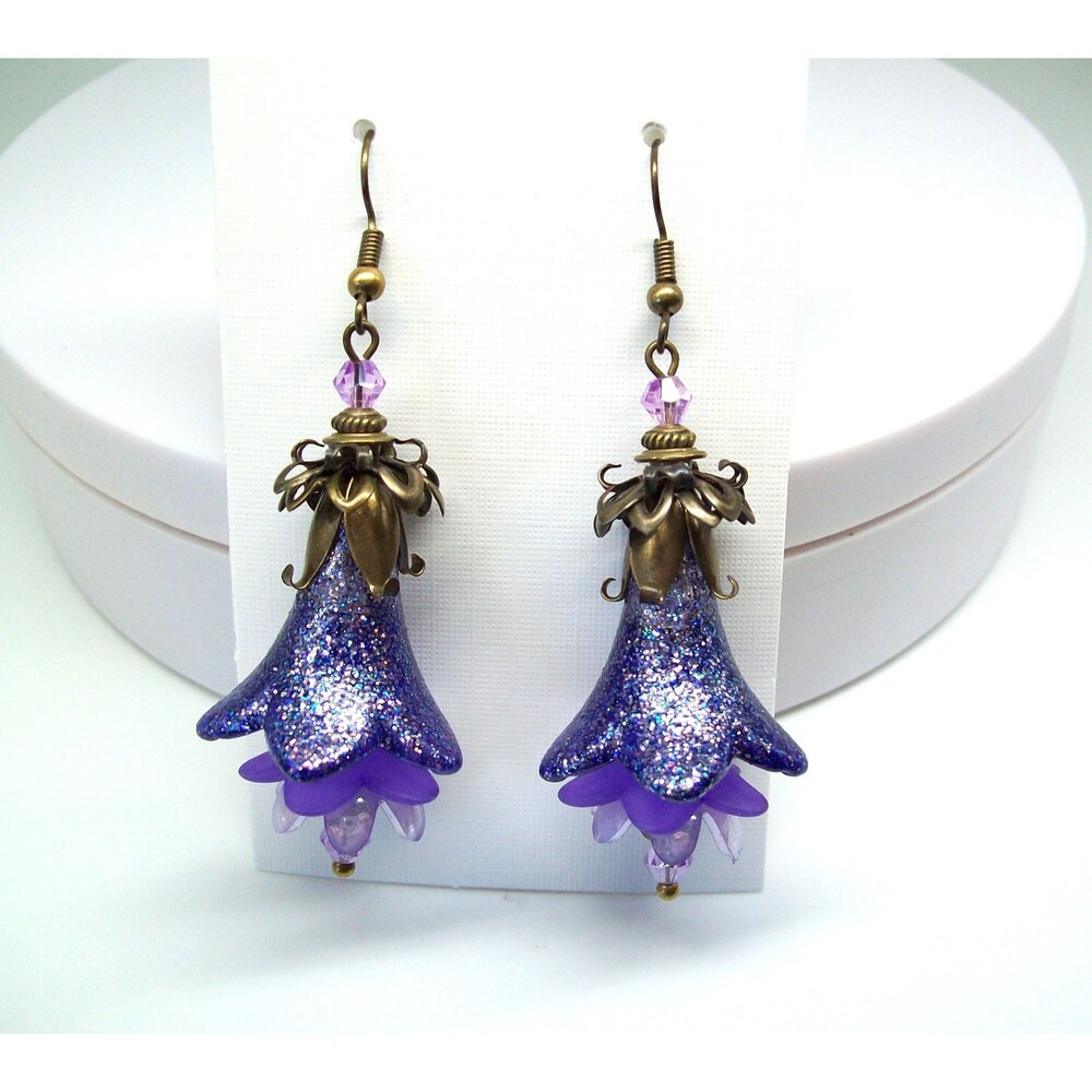Boho Floral Vintage Earrings, Purple, Antique Bronze, Hand Painted, Artisan Craf